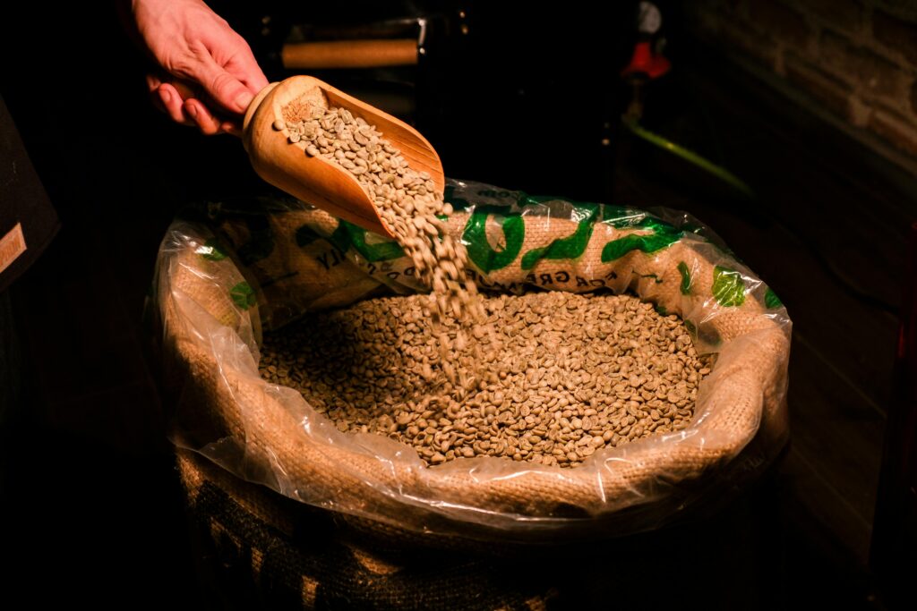 A hand scoops raw coffee beans into a sack, highlighting artisanal coffee preparation.